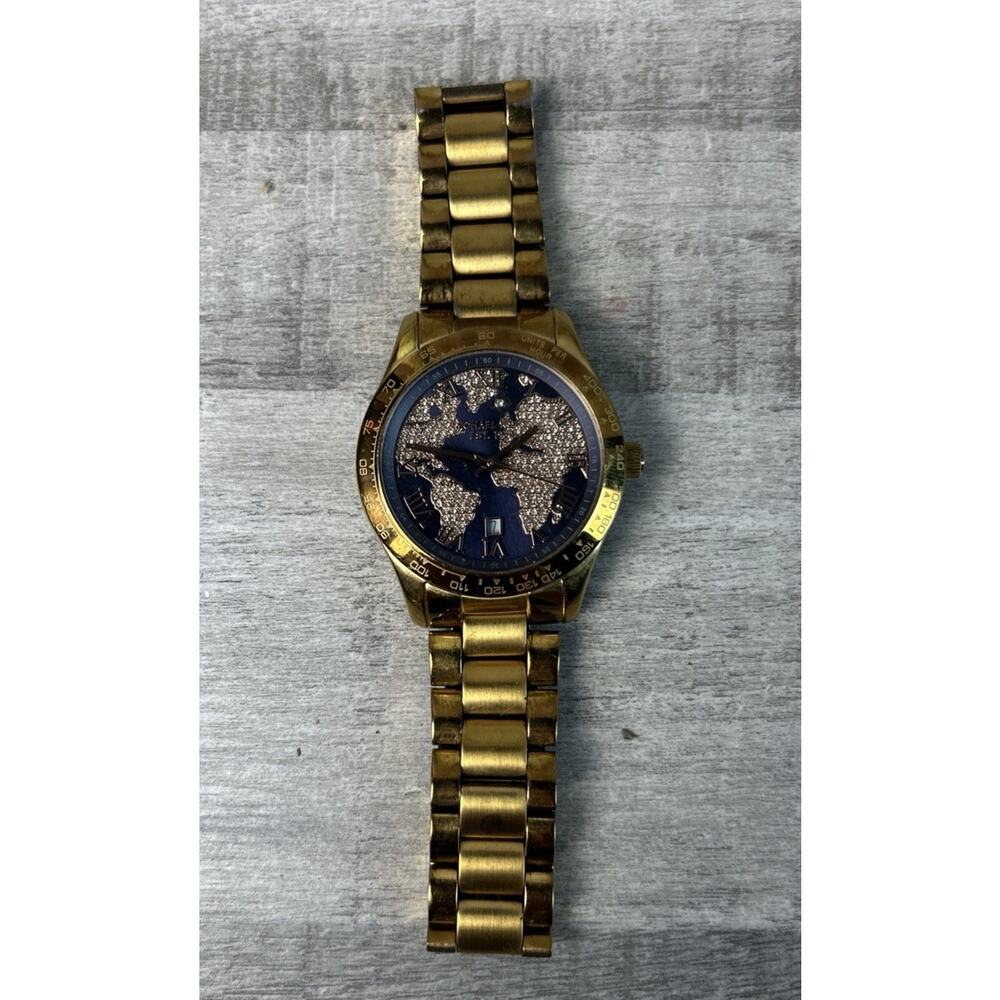 Michael Kors Men’s Watch Rise Gold Black Face Jeweled Map Roman Numerals